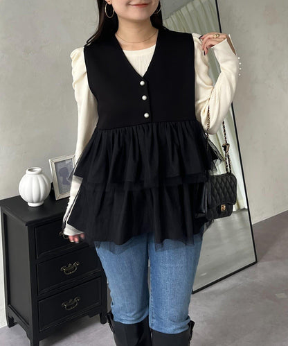 珍珠紐扣網紗荷葉邊V領背心