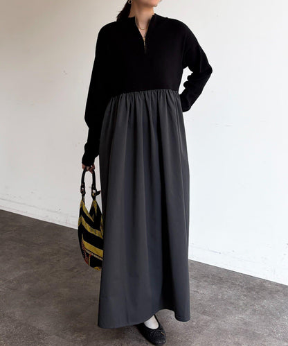 異材質拼接半拉鍊連衣裙