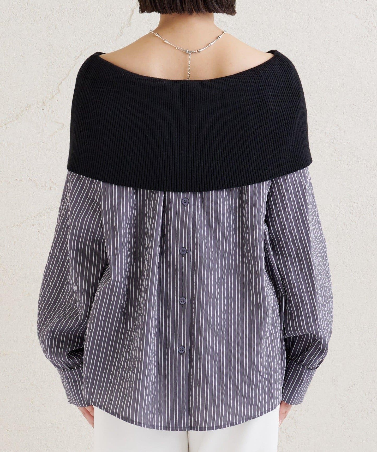 一字肩羅紋條紋襯衫