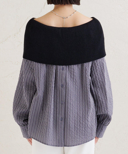 一字肩羅紋條紋襯衫
