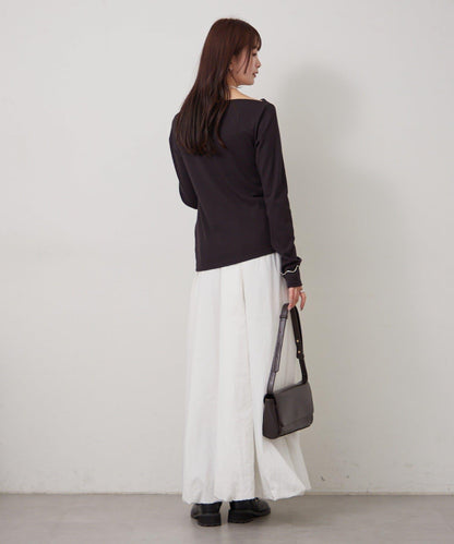 帶吊墜一字肩羅紋長袖T恤