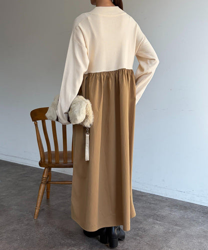 異材質拼接半拉鍊連衣裙