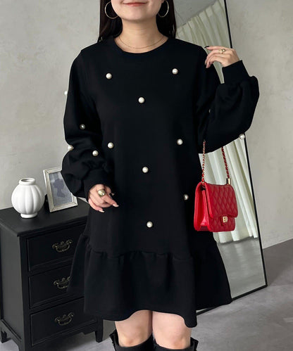 中長款下襬荷葉邊珍珠衛衣