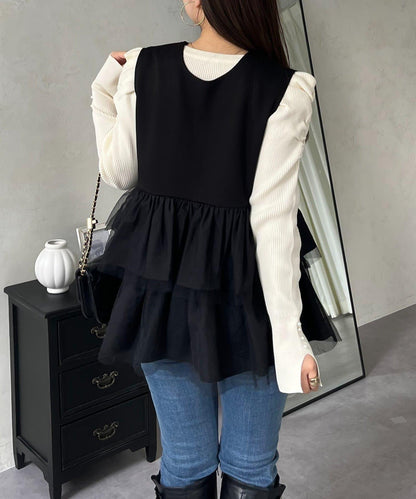 珍珠紐扣網紗荷葉邊V領背心