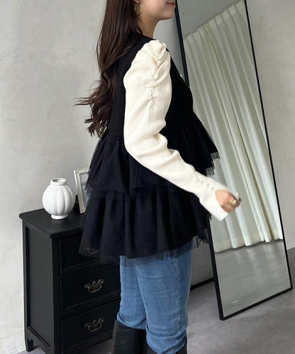 珍珠紐扣網紗荷葉邊V領背心