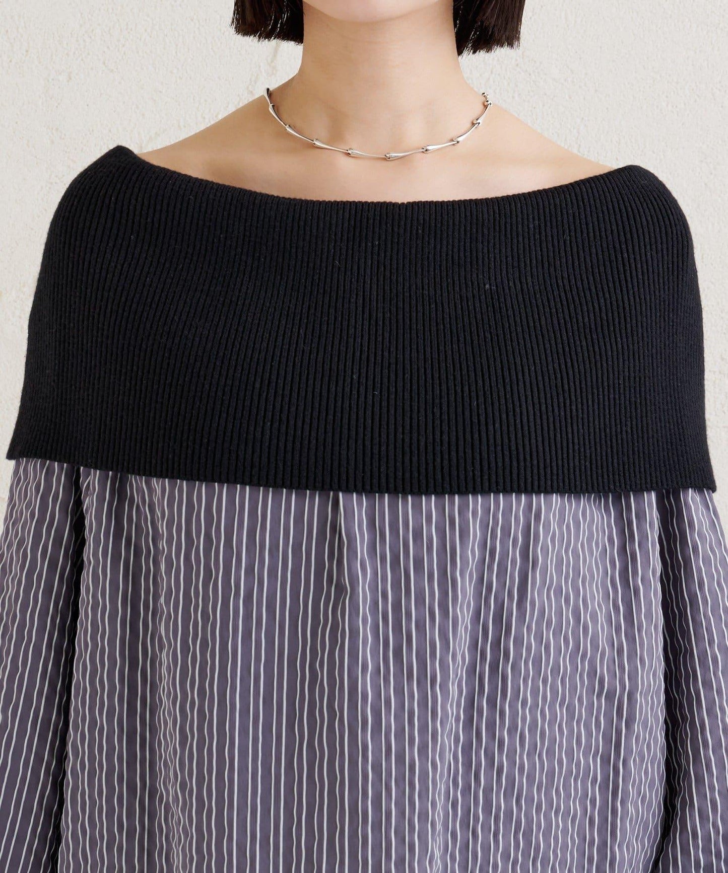 一字肩羅紋條紋襯衫