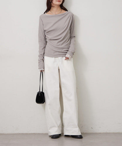 帶吊墜一字肩羅紋長袖T恤