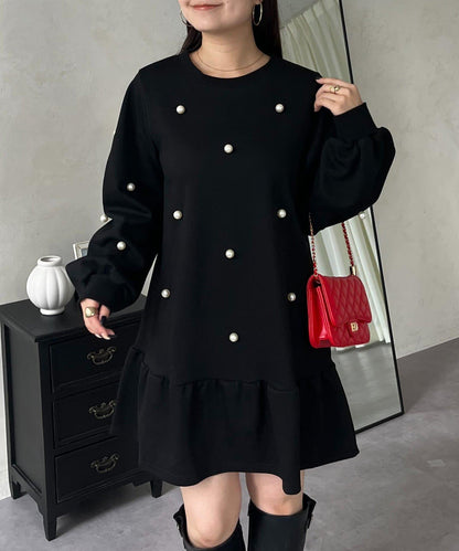 中長款下襬荷葉邊珍珠衛衣