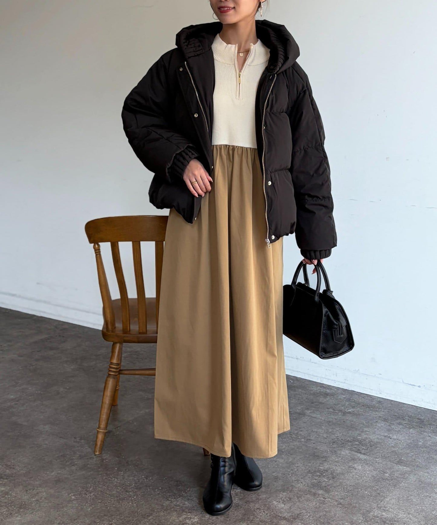 異材質拼接半拉鍊連衣裙