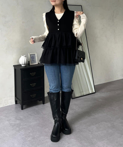 珍珠紐扣網紗荷葉邊V領背心