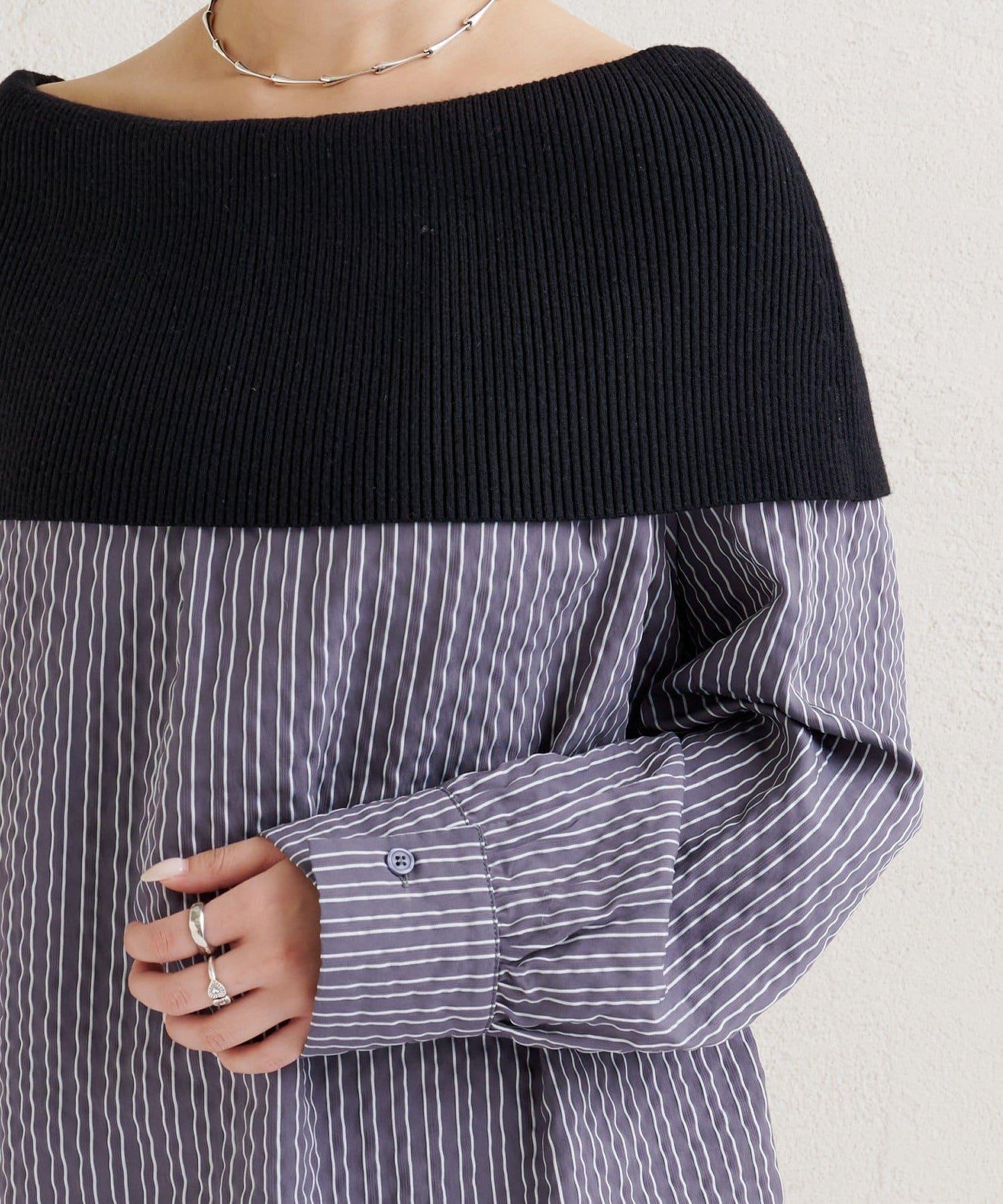 一字肩羅紋條紋襯衫