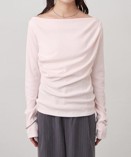 帶吊墜一字肩羅紋長袖T恤