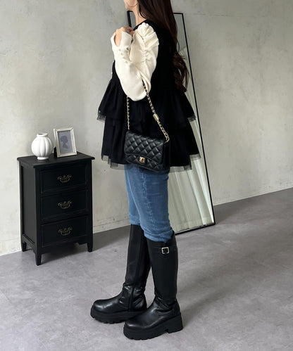 珍珠紐扣網紗荷葉邊V領背心