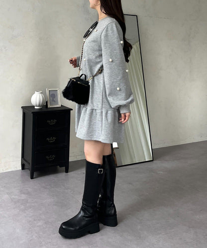 中長款下襬荷葉邊珍珠衛衣