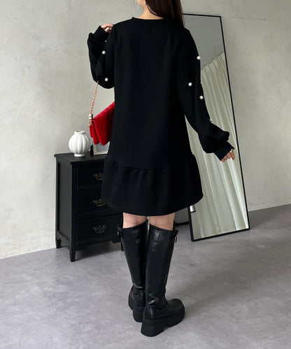 中長款下襬荷葉邊珍珠衛衣