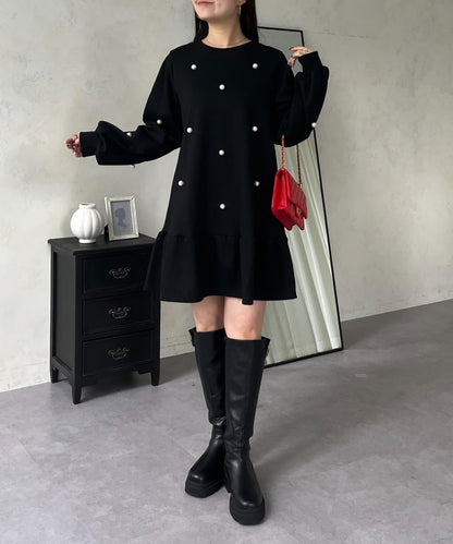 中長款下襬荷葉邊珍珠衛衣