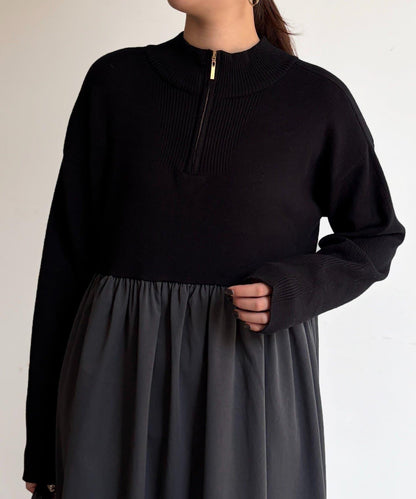 異材質拼接半拉鍊連衣裙