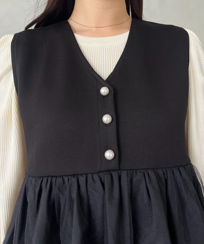 珍珠紐扣網紗荷葉邊V領背心