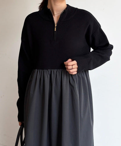 異材質拼接半拉鍊連衣裙