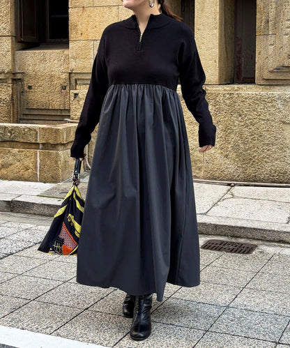 異材質拼接半拉鍊連衣裙