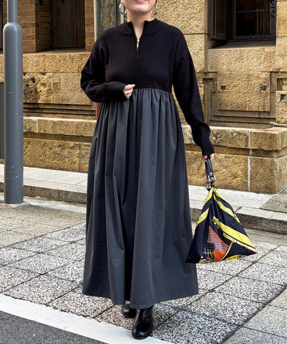 異材質拼接半拉鍊連衣裙