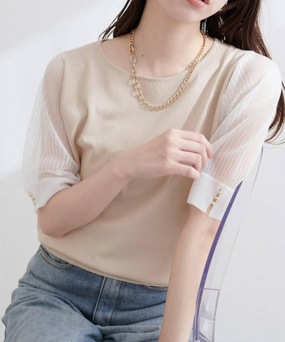 【natural couture】透視羅紋袖金屬釦針織衫