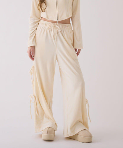 側邊蕾絲天鵝絨蝴蝶結長褲