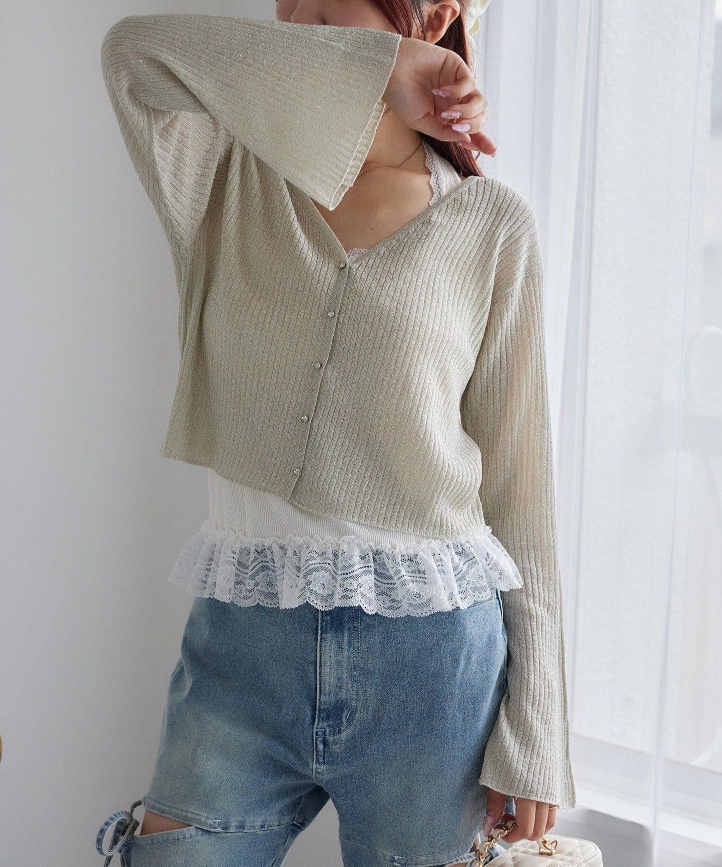 【one after another】珠飾紐扣亮絲透視開衫