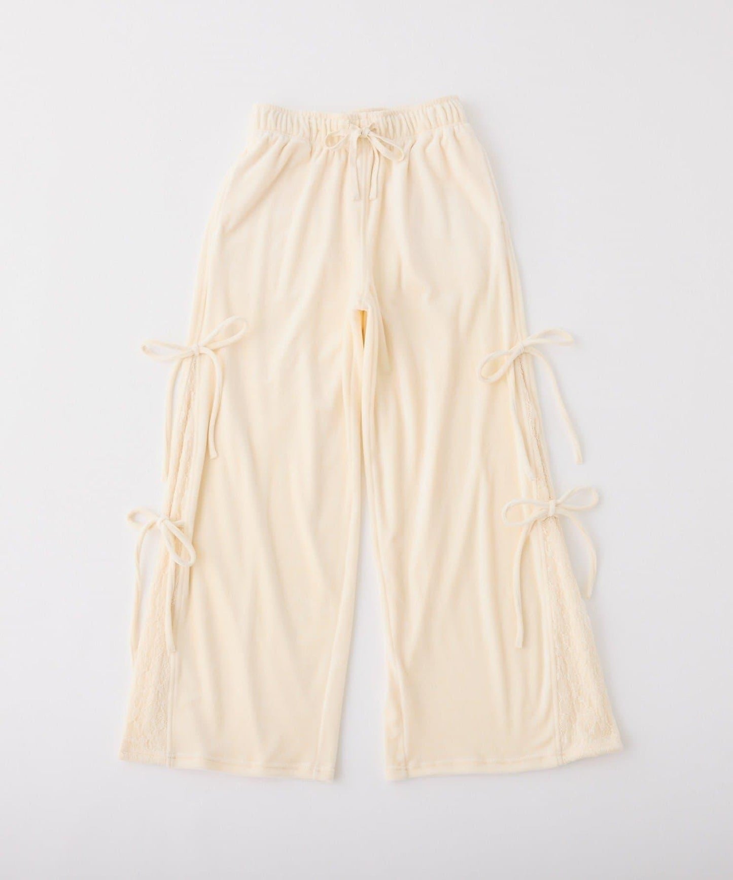 側邊蕾絲天鵝絨蝴蝶結長褲