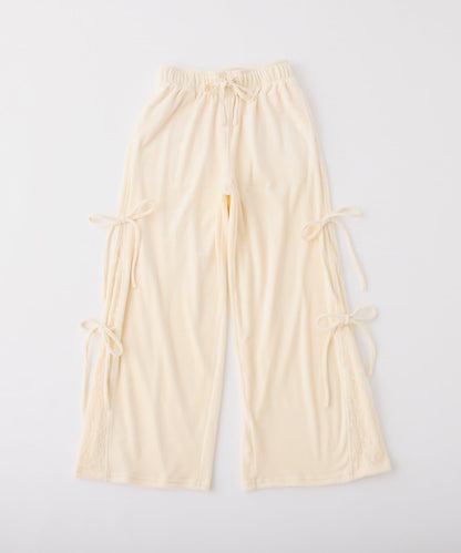 側邊蕾絲天鵝絨蝴蝶結長褲