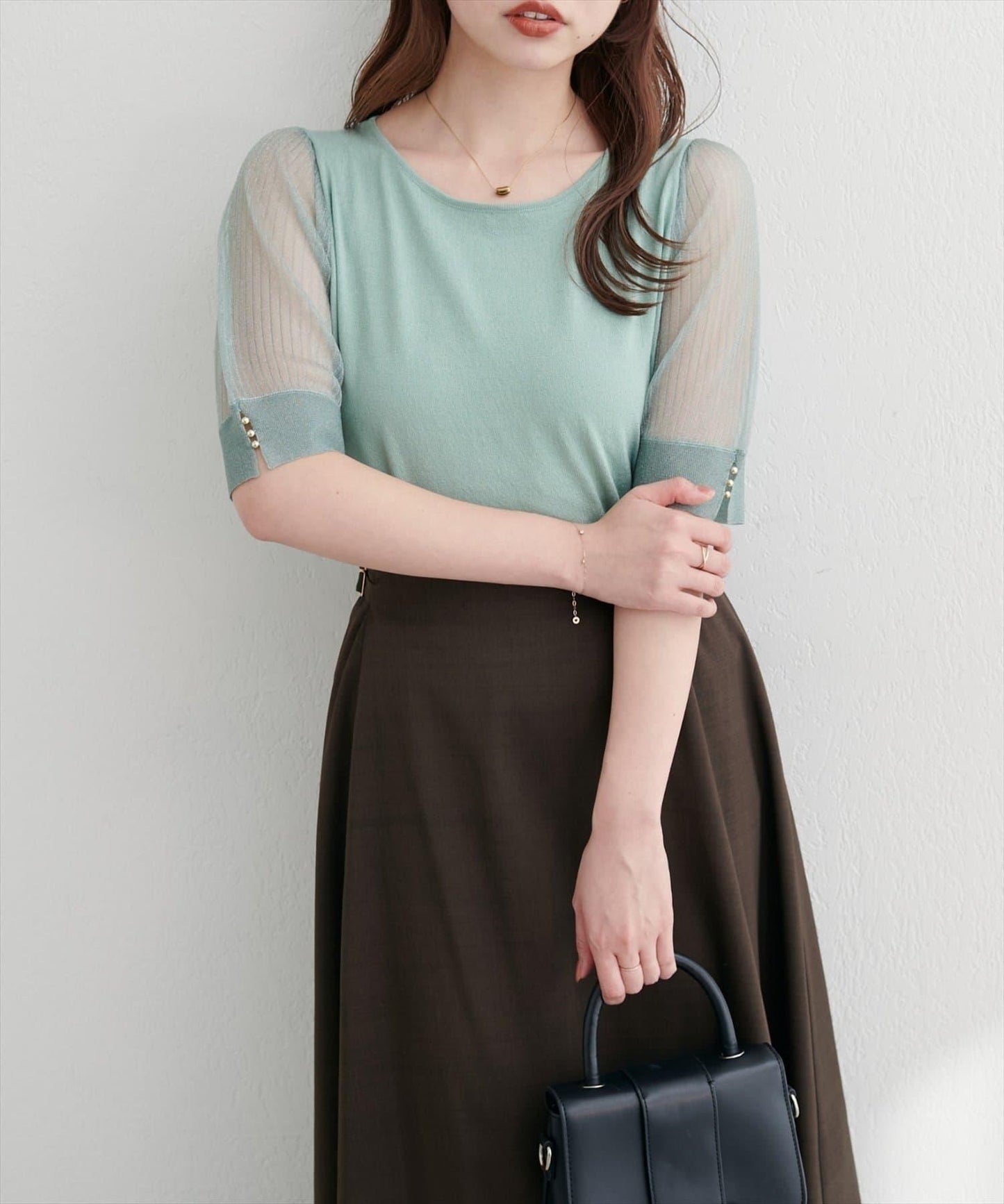 【natural couture】透視羅紋袖金屬釦針織衫