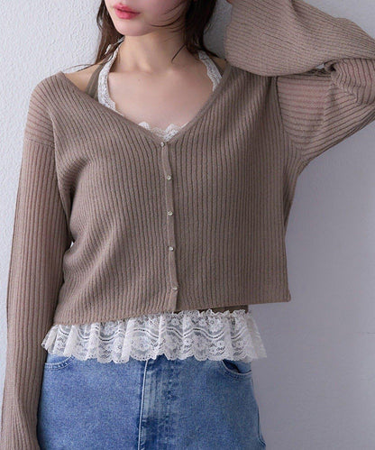 【one after another】珠飾紐扣亮絲透視開衫