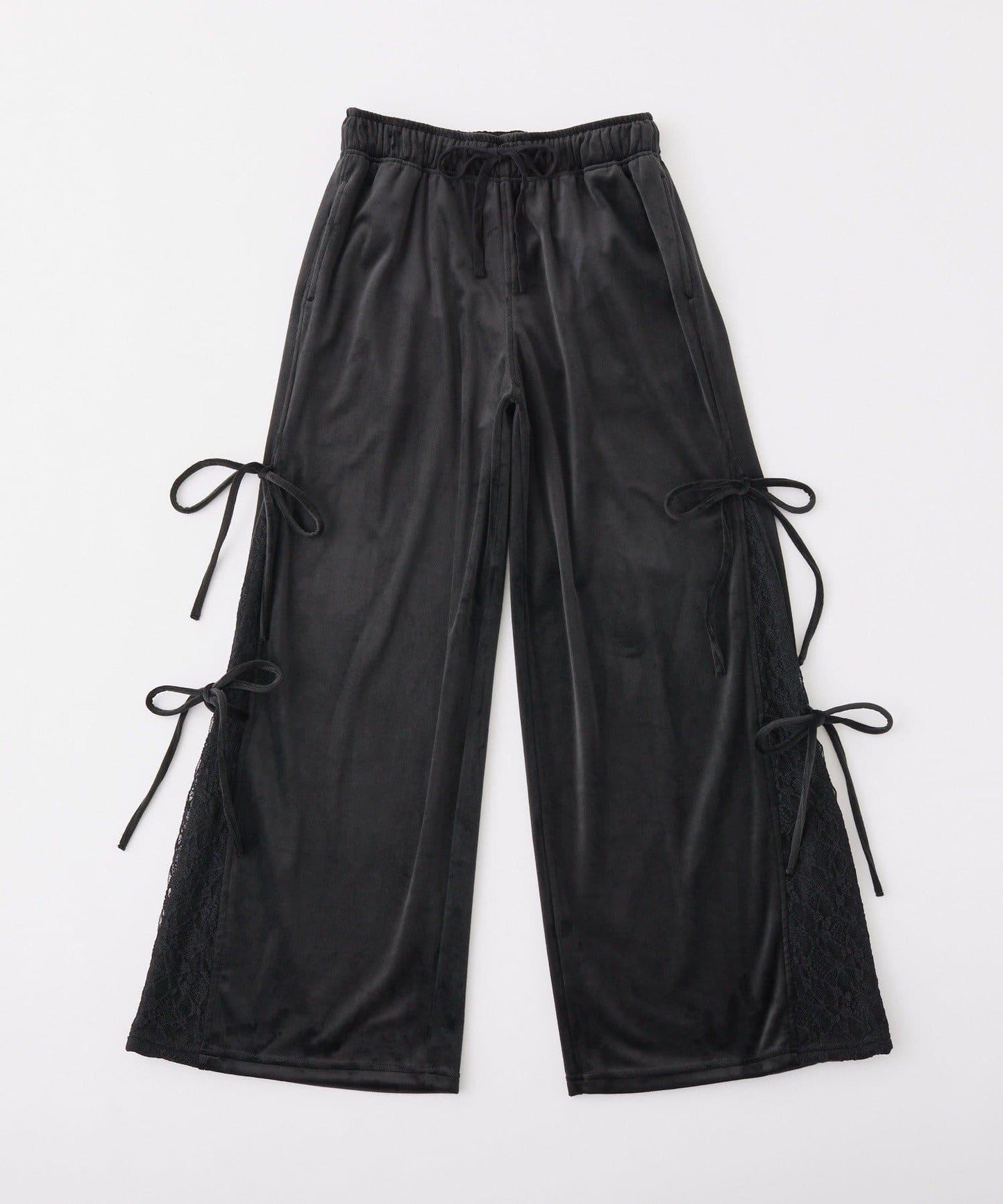 側邊蕾絲天鵝絨蝴蝶結長褲