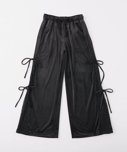 側邊蕾絲天鵝絨蝴蝶結長褲