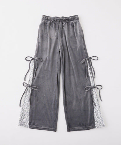 側邊蕾絲天鵝絨蝴蝶結長褲