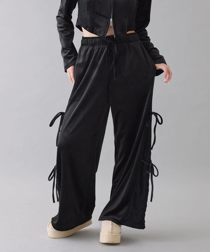 側邊蕾絲天鵝絨蝴蝶結長褲