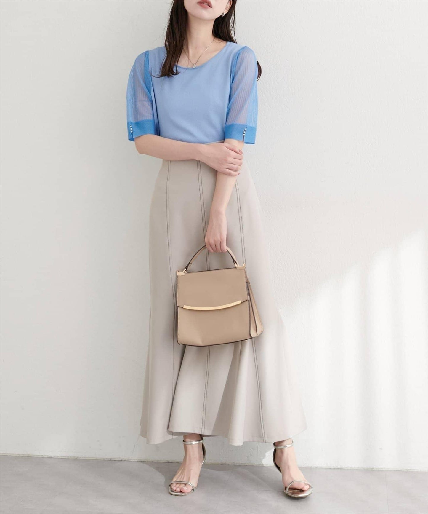 【natural couture】透視羅紋袖金屬釦針織衫