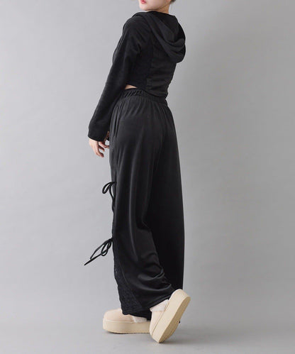 側邊蕾絲天鵝絨蝴蝶結長褲