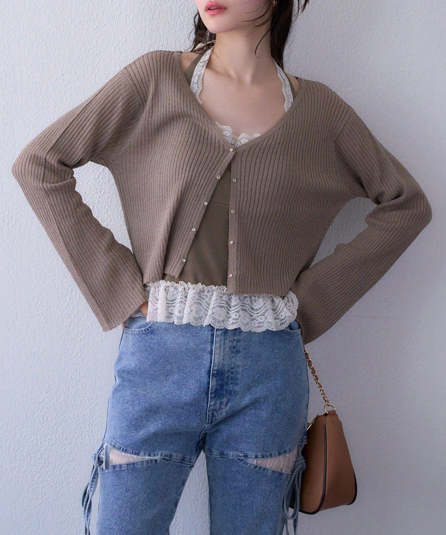 【one after another】珠飾紐扣亮絲透視開衫