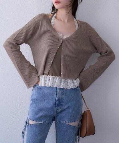 【one after another】珠飾紐扣亮絲透視開衫