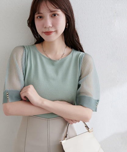 【natural couture】透視羅紋袖金屬釦針織衫