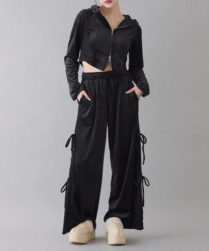 側邊蕾絲天鵝絨蝴蝶結長褲