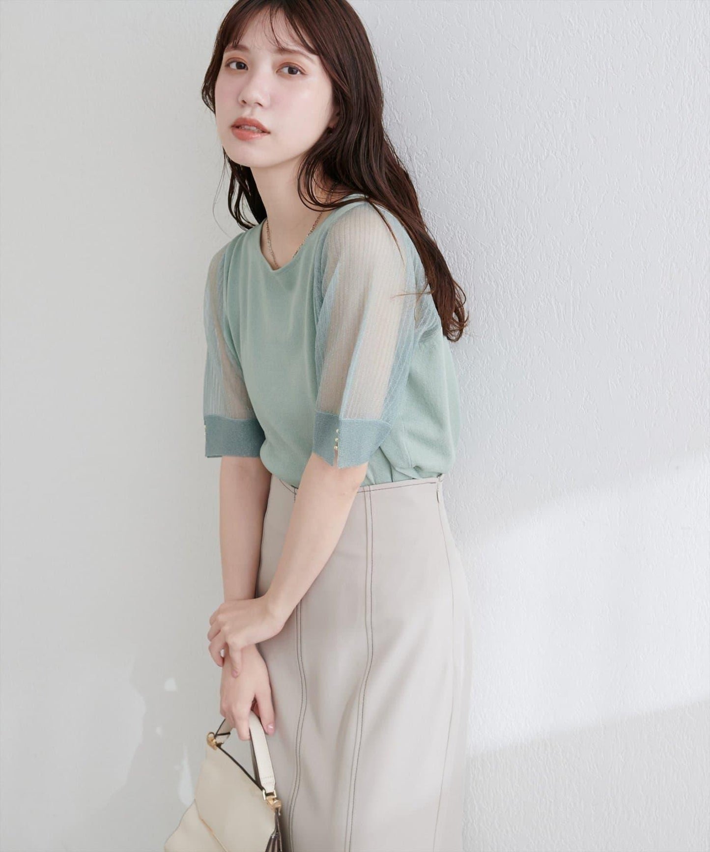 【natural couture】透視羅紋袖金屬釦針織衫