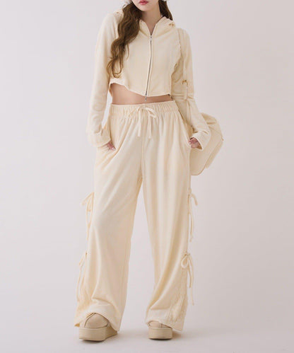 側邊蕾絲天鵝絨蝴蝶結長褲