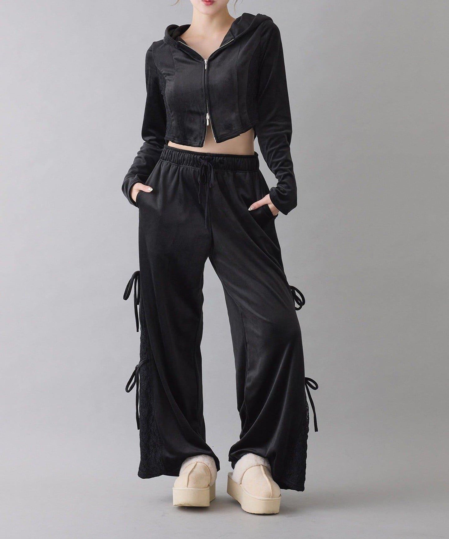 側邊蕾絲天鵝絨蝴蝶結長褲