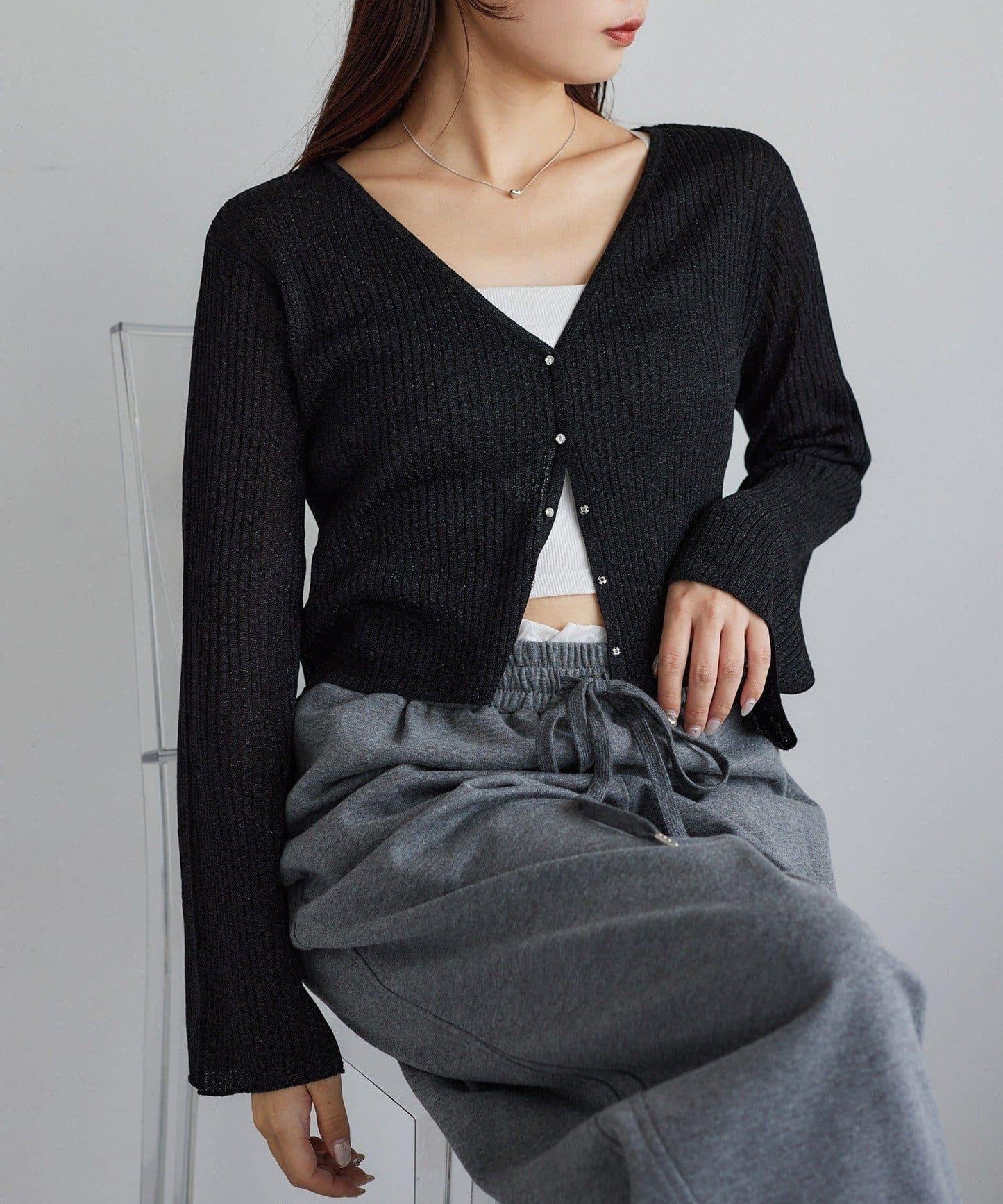 【one after another】珠飾紐扣亮絲透視開衫