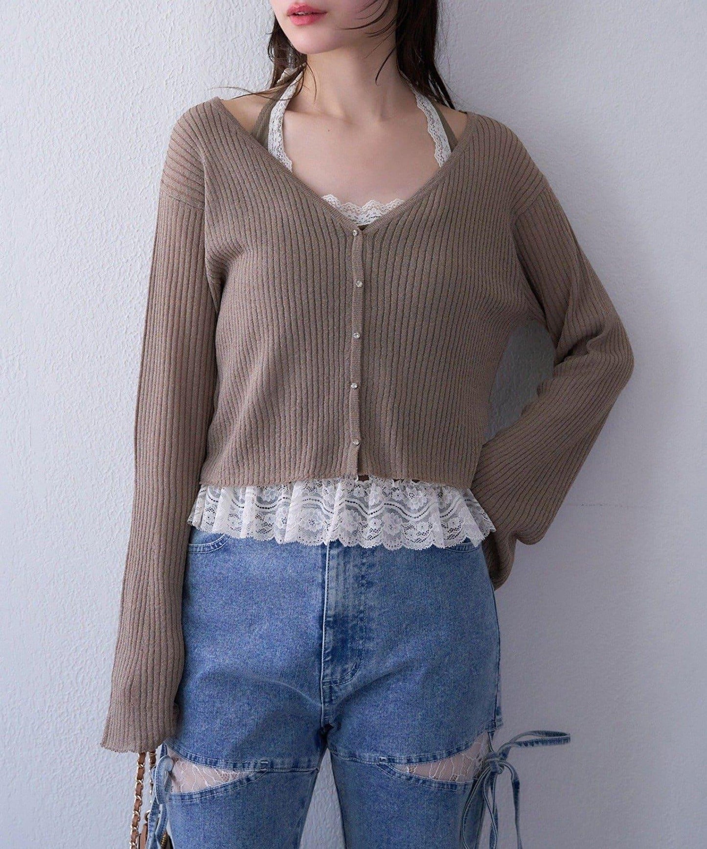 【one after another】珠飾紐扣亮絲透視開衫