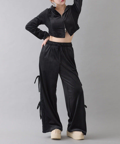 側邊蕾絲天鵝絨蝴蝶結長褲