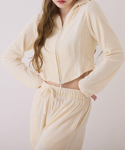 側邊蕾絲天鵝絨蝴蝶結長褲