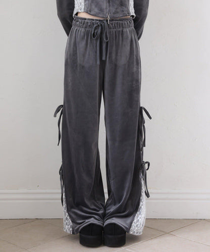側邊蕾絲天鵝絨蝴蝶結長褲